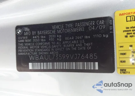 2009 BMW 128I z USA, uszkodzony, nr VIN WBAUL73599VJ76485